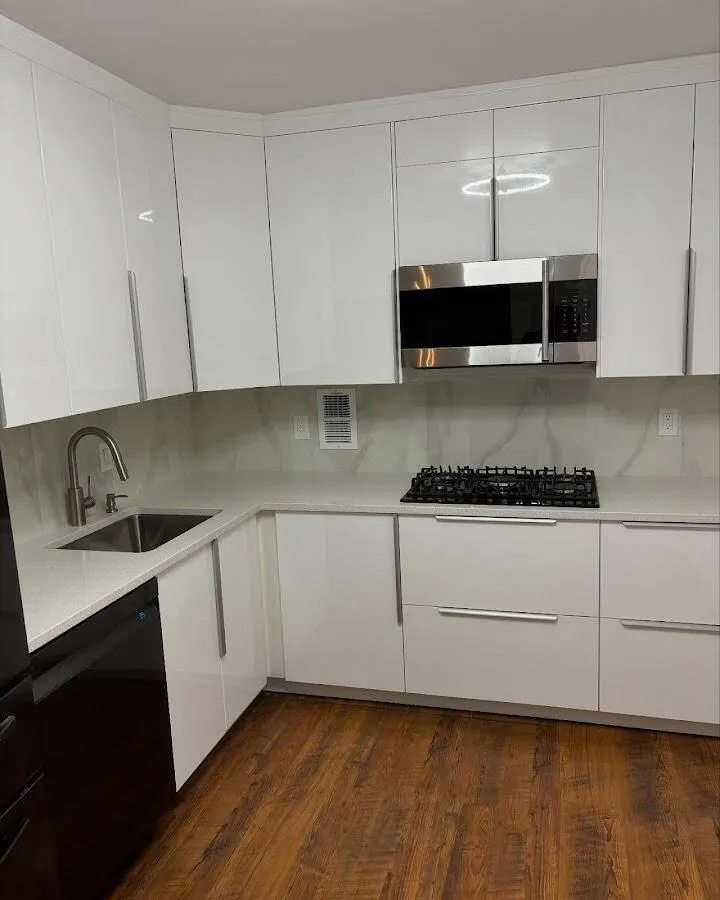 Restored kitchen with white cabinets after water damage in Manheim
